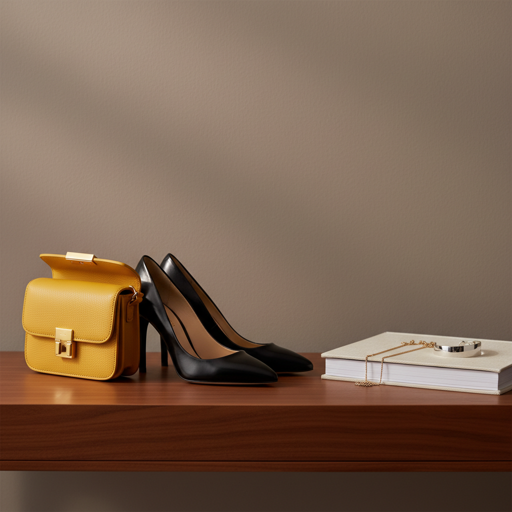 An elegant still life of designer accessories arranged on a smooth, dark wood console table against a muted taupe wall. A pair of sculptural high-heeled pumps in glossy black leather are positioned in profile, beside a compact boxy crossbody bag in textured saffron leather with a sleek metal clasp. Nearby, a delicate chain necklace and minimalist cuff bracelet rest atop a closed linen-covered fashion book. Soft, warm studio lighting from the upper left creates refined highlights on metal details and a gentle sheen on leather surfaces, while the background falls into a subtle blur. The composition follows the rule of thirds with careful negative space, giving the photographic scene a calm, luxurious, and editorial mood suited to discussing favorite brands and standout accessories.