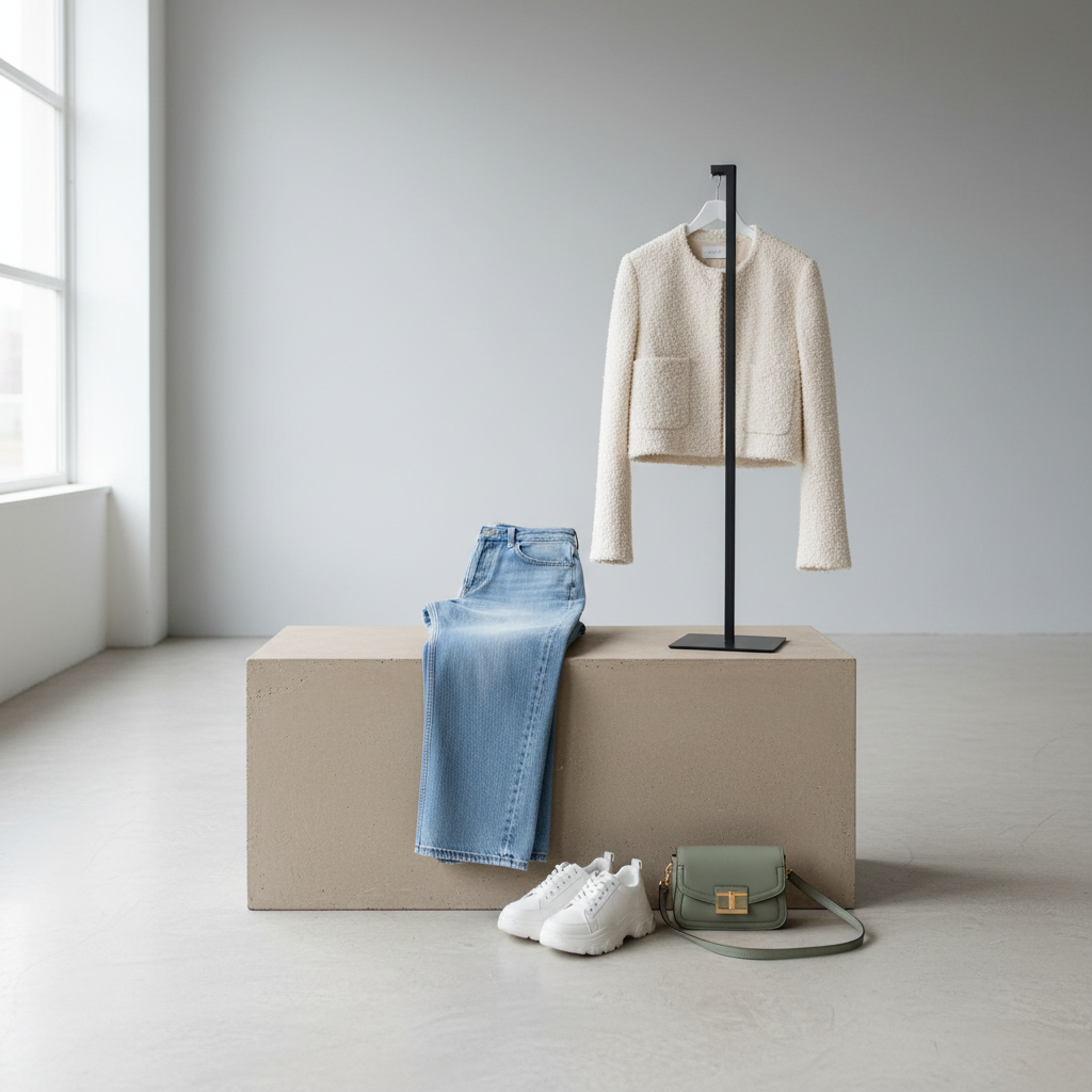 A meticulously styled vignette of a seasonal fashion trend corner, featuring a low, sand-colored plinth topped with a pair of wide-leg, light-wash jeans folded with precise edges and a cropped textured boucle jacket in soft cream draped over a minimalist metal stand. At the base, chunky-soled leather sneakers and a small structured crossbody bag in muted sage green complete the look. The setting is a bright, minimalist room with pale concrete flooring and a smooth, dove-gray wall. Indirect natural daylight floods the space, producing soft, shadowless illumination that emphasizes fabric textures and silhouettes. Captured from a slightly elevated angle with crisp focus throughout, the photographic composition feels modern, aspirational, and thoughtfully curated to illustrate a current fashion trend on the blog.