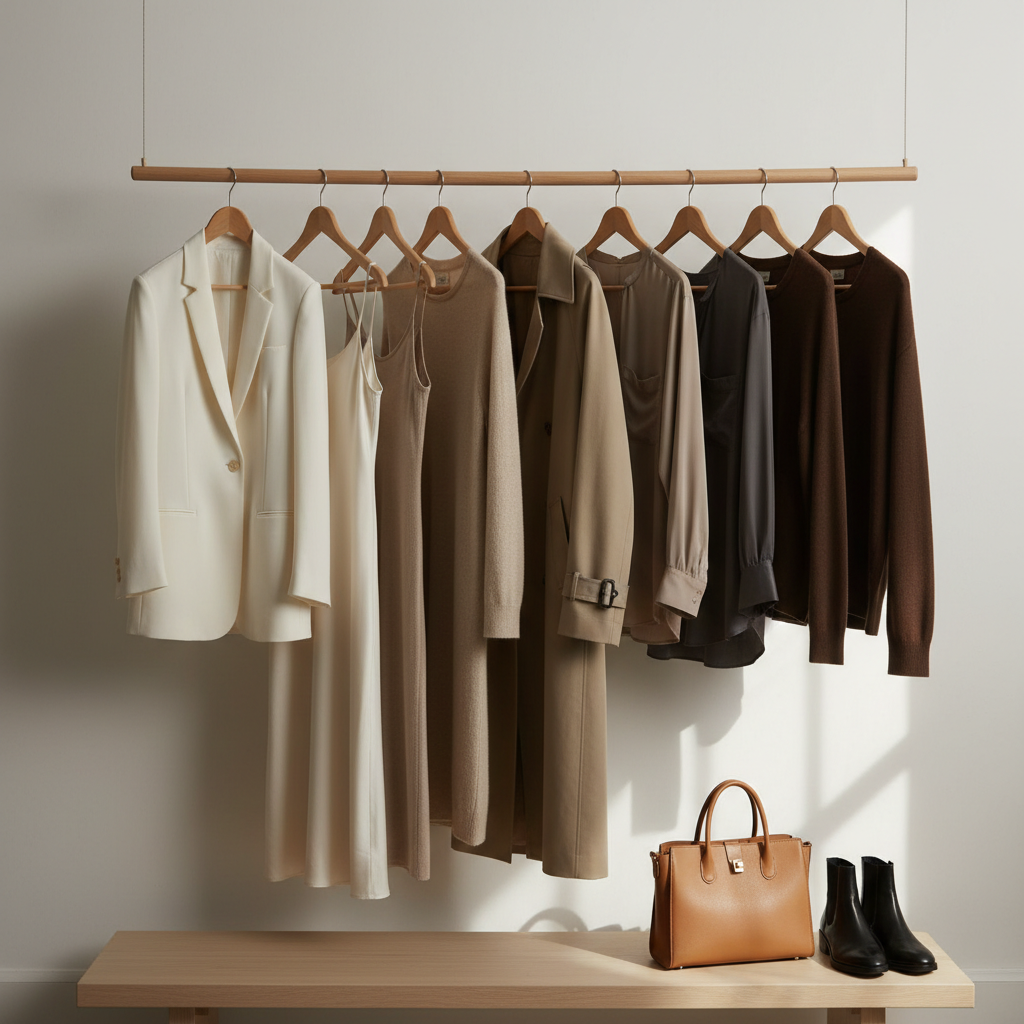 A refined wardrobe rail scene featuring a row of impeccably spaced garments on sleek wooden hangers, showcasing a coherent neutral color story from ivory to deep espresso. Tailored blazers, fluid silk slip dresses, and fine-knit cashmere sweaters hang in a gentle gradient, each piece sharply pressed and carefully aligned. The rail stands in front of a matte off-white wall, with a pale oak bench below holding a structured leather tote and polished ankle boots. Soft afternoon light filters in from an unseen window, casting understated shadows and subtle highlights on the fabrics. Captured at eye level with a slightly off-center composition, the photographic image feels airy, curated, and sophisticated, evoking an intimate look into a personal yet polished fashion collection.