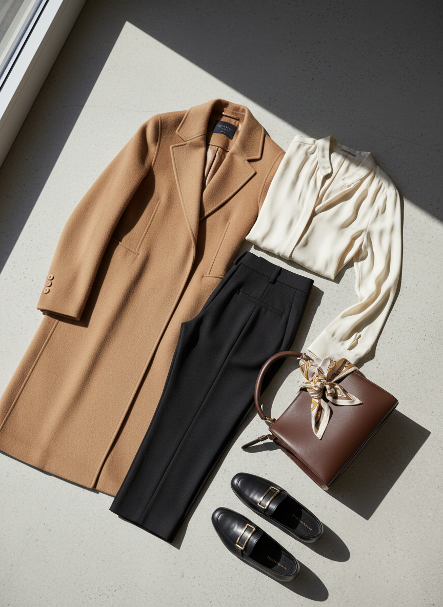 A carefully curated flat lay of elevated everyday fashion essentials displayed on a pale stone surface. At the center, a perfectly structured camel wool coat with a clean lapel is folded neatly beside tailored black trousers, a crisp ivory silk blouse, and a pair of minimalist leather loafers with subtle gold hardware. A slim structured handbag in smooth chocolate leather rests partially open, revealing a glimpse of a softly folded scarf. Diffused natural daylight from the side creates gentle, elongated shadows and highlights the rich textures. Shot from a bird’s-eye view with shallow depth of field that softly blurs the outer edges, the mood is sophisticated, calm, and editorial, with photographic realism and a clean, modern aesthetic ideal for a fashion blog homepage.